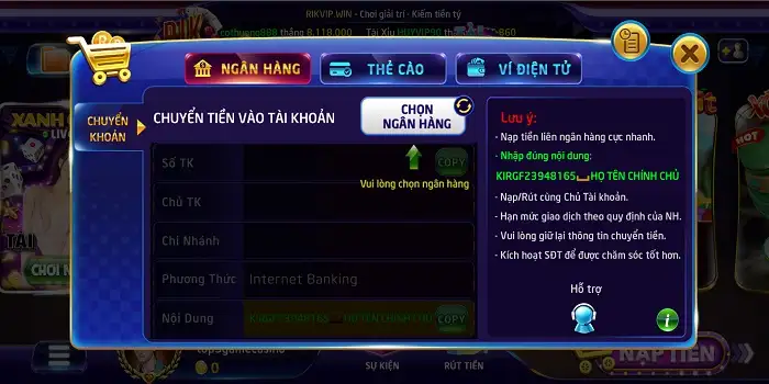 Thanh khoản nạp tiền đẳng cấp của Rikvip.Win